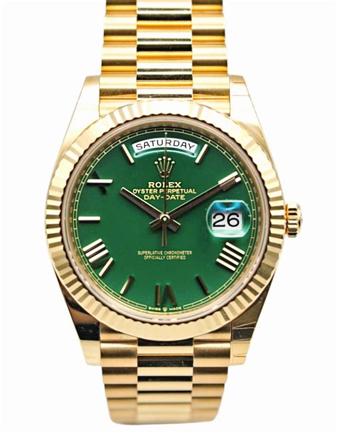 rolex daydate yellow gold green dial|rolex day date gold 40mm.